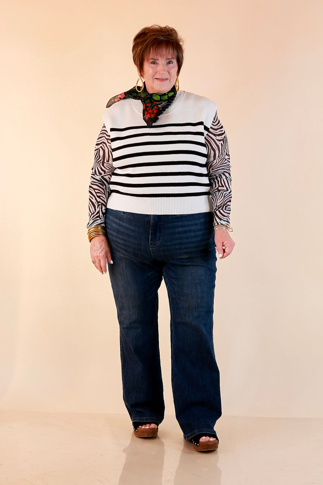 Stripe Things Up Drop Shoulder Knit Sweater in White with Black Stripes