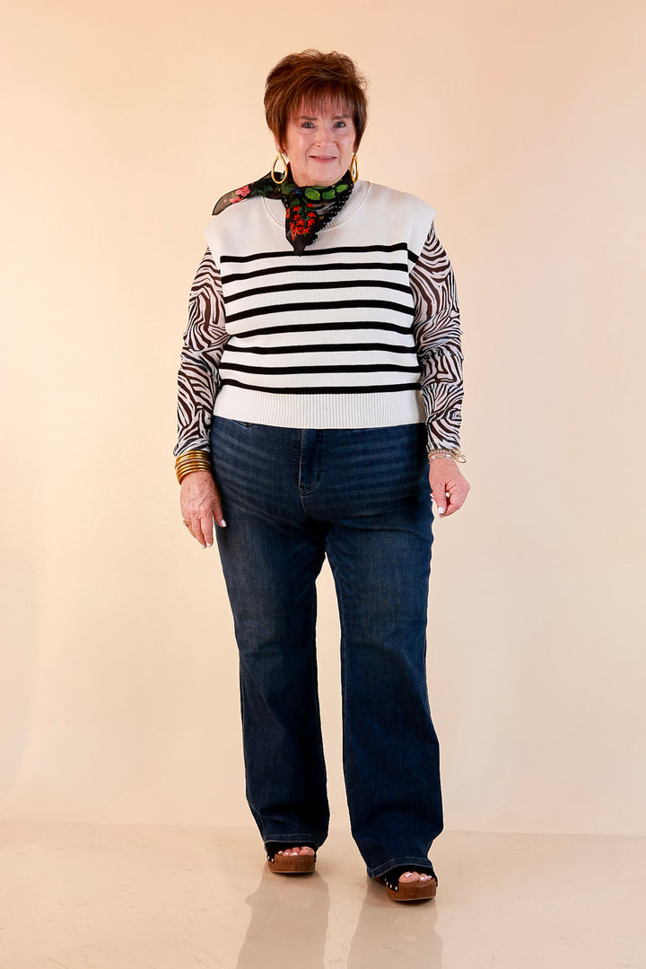 Stripe Things Up Drop Shoulder Knit Sweater in White with Black Stripes