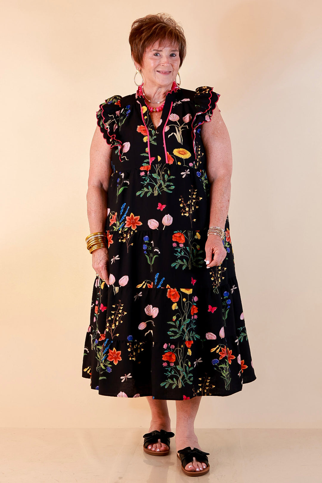 Flourishing Charm Floral Ruffle Cap Sleeve Tiered Midi Dress in Black