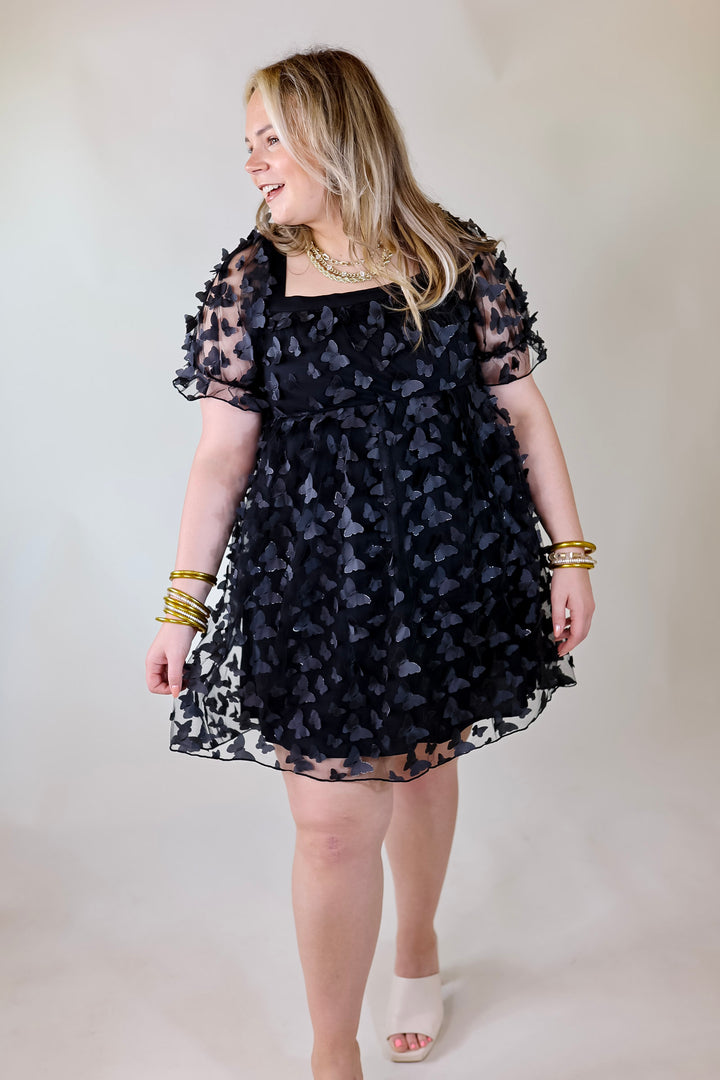 Sweetest Rush Butterfly Print Babydoll Dress in Black - Giddy Up Glamour Boutique