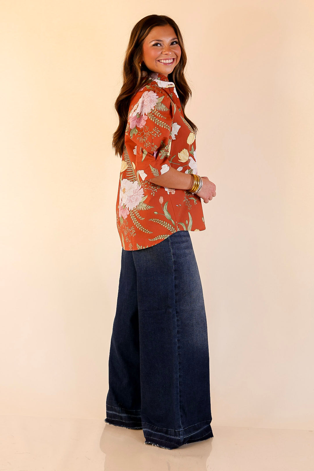 First Glance Button Up Puff Sleeve Floral Print Top in Rust Orange