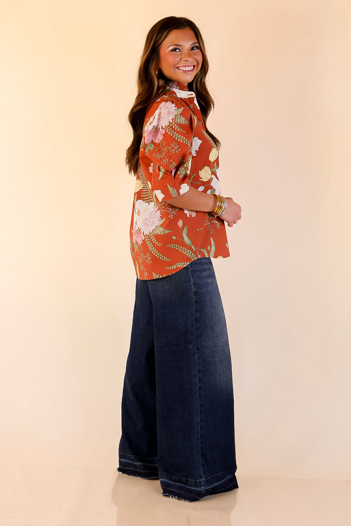 First Glance Button Up Puff Sleeve Floral Print Top in Rust Orange