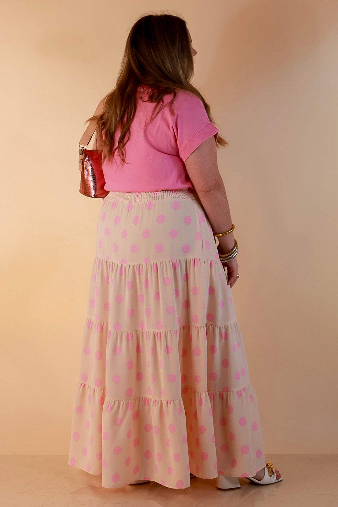 Sweet Spot Polka Dot Print Tiered Maxi Skirt with Elastic Waistband in Cream and Pink