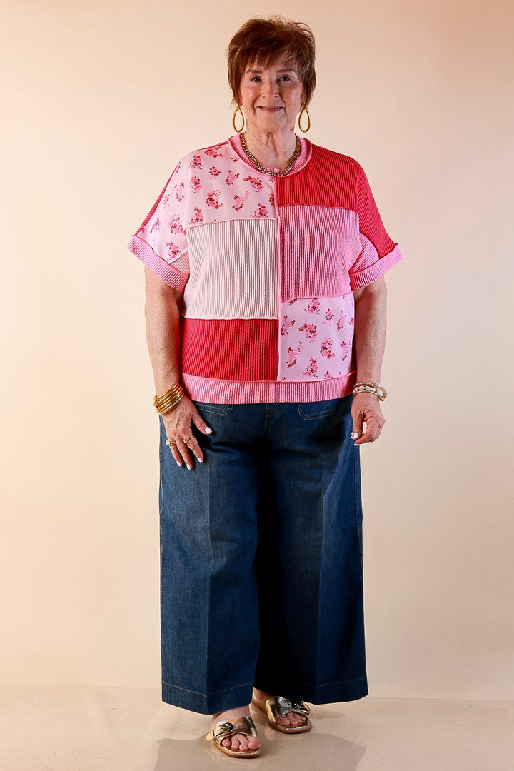 Simply Southern | Styled to a Tee Color Block Patchwork Ribbed Short Sleeve Top in Pink Mix