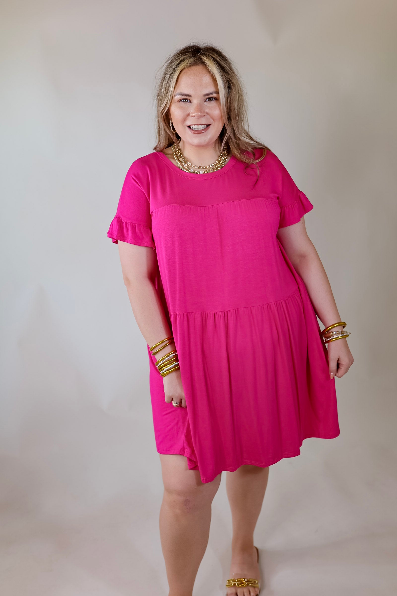 Gorgeous Girly Ruffle Sleeve Tiered Dress in Fuchsia Pink - Giddy Up Glamour Boutique