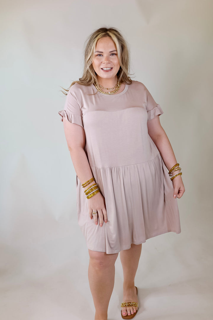 Gorgeous Girly Ruffle Sleeve Tiered Dress in Taupe - Giddy Up Glamour Boutique