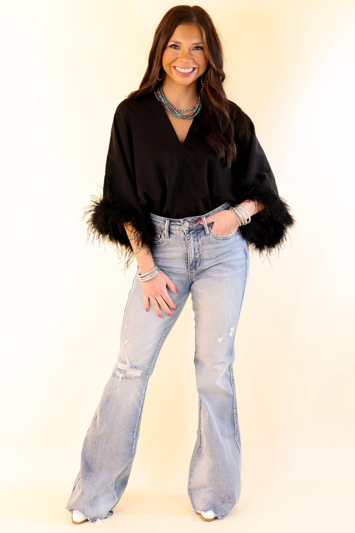 Party Plans V Neck Bodysuit with Feather Sleeves in Black