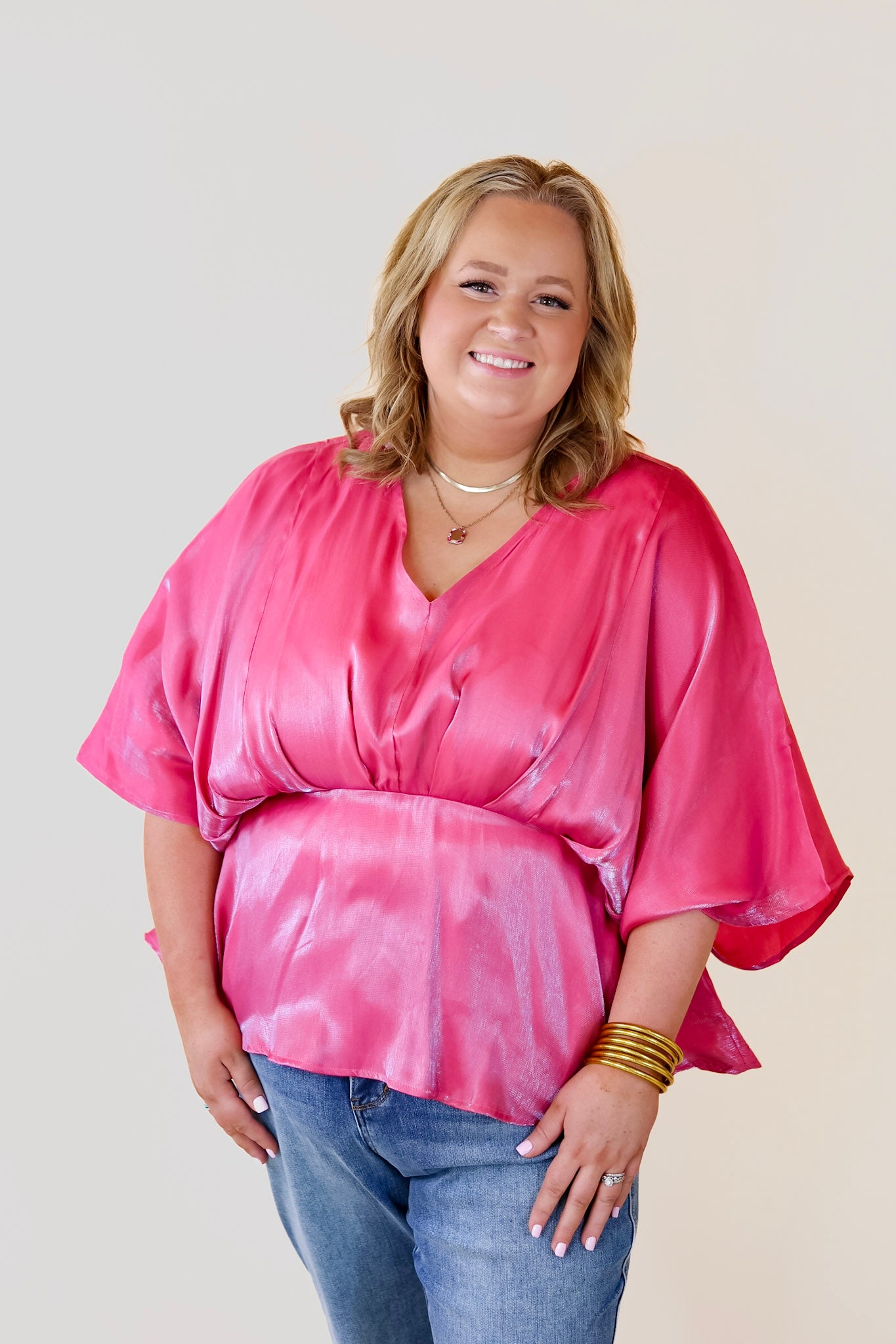 Hear the Music Drop Sleeve Satin V Neck Peplum Top in Iridescent Pink - Giddy Up Glamour Boutique