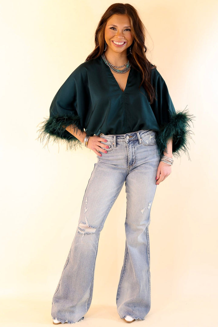 Party Plans V Neck Bodysuit with Feather Sleeves in Teal
