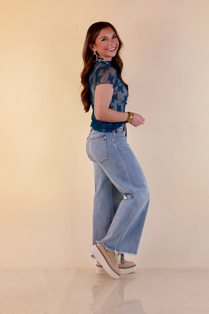 Lovely in Lace Sheer Mock Neck Short Sleeve Top in Teal Blue