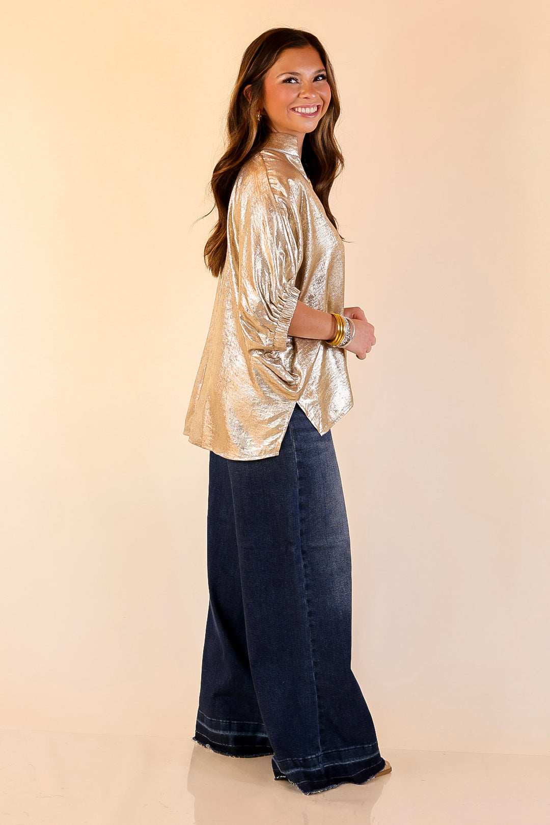 Naturally Stylish Shimmer Metallic Poncho Top in Gold