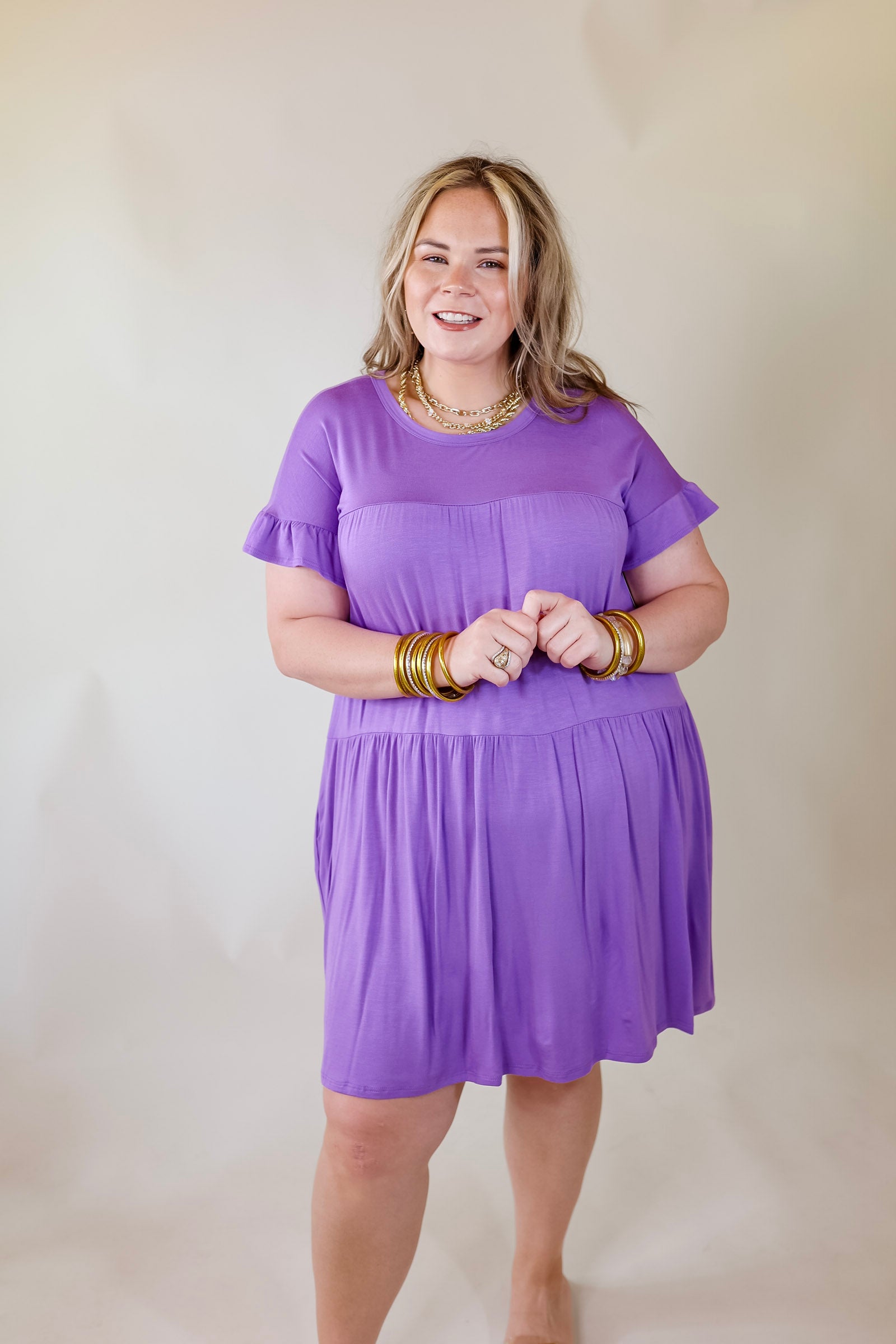 Gorgeous Girly Ruffle Sleeve Tiered Dress in Purple - Giddy Up Glamour Boutique