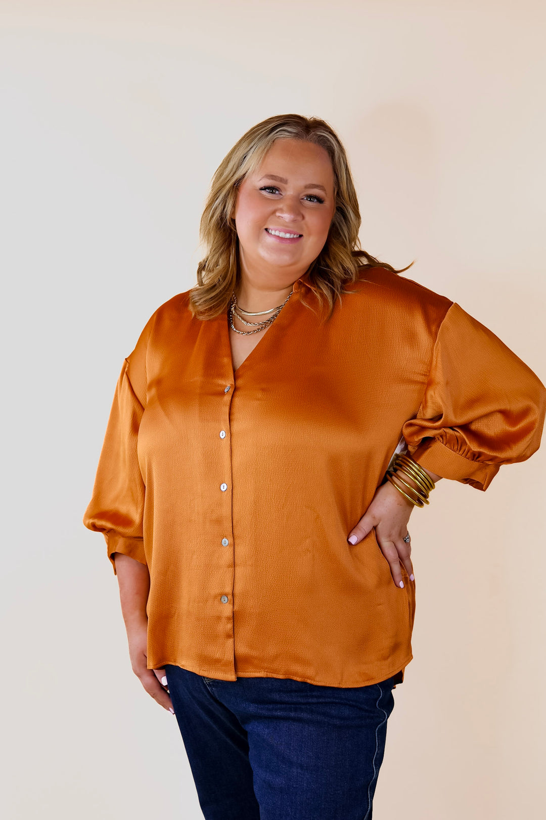 Sweet Notion Button Up 3/4 Balloon Sleeve Top in Pumpkin Orange - Giddy Up Glamour Boutique