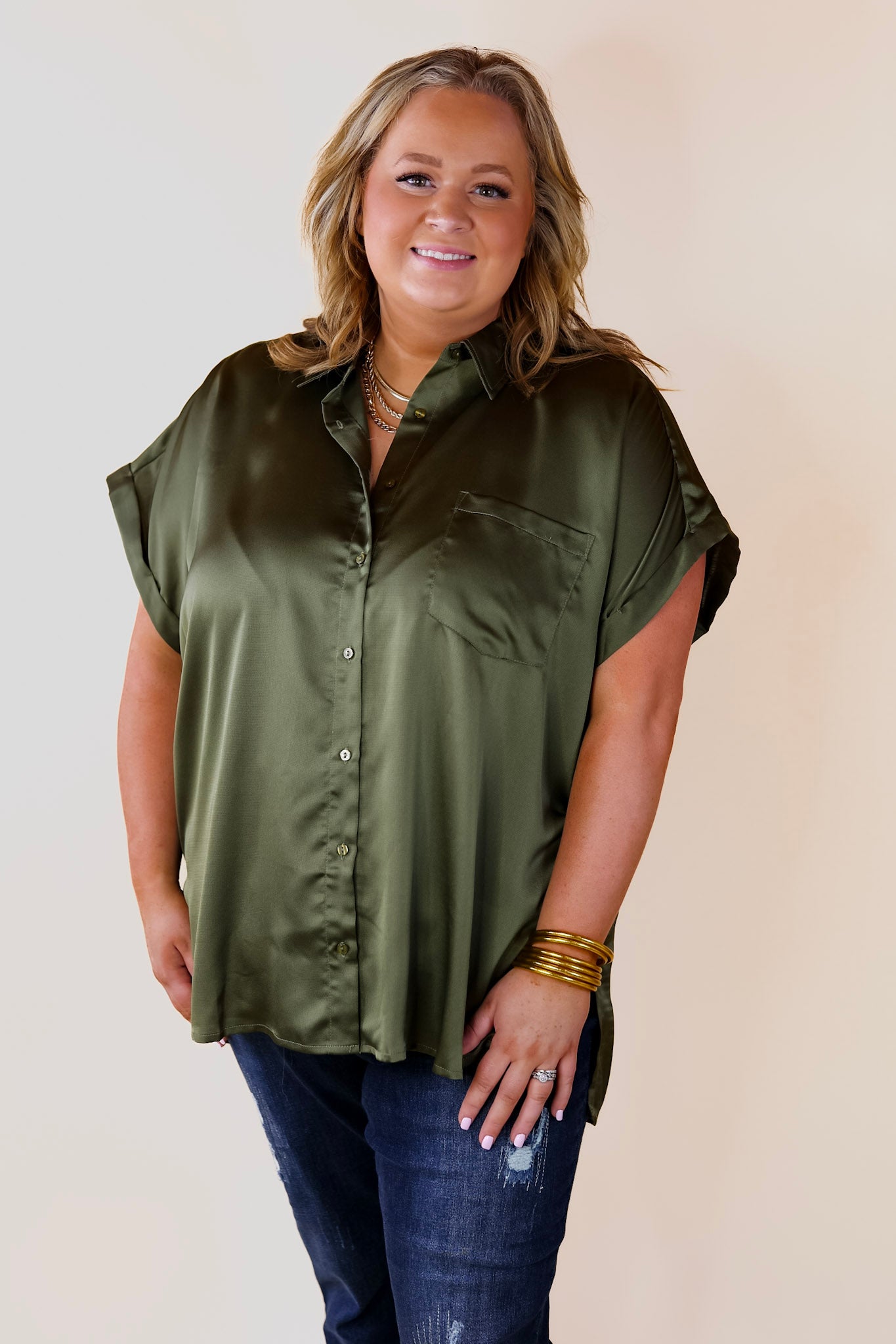Free To Be Fab Button Up Short Sleeve Top in Olive Green - Giddy Up Glamour Boutique