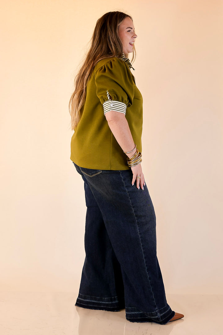 Refined Edge Short Puff Sleeve Top with Striped Collar in Olive Green
