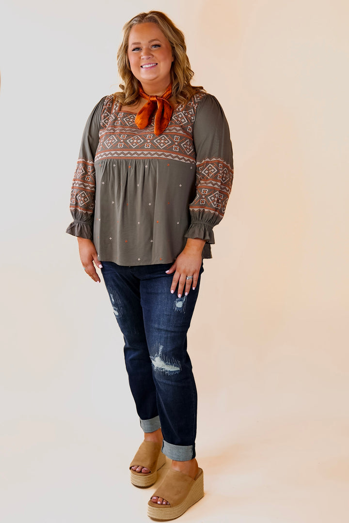 Address The Room Embroidered Square Neck Top with 3/4 Sleeves in Olive Green - Giddy Up Glamour Boutique