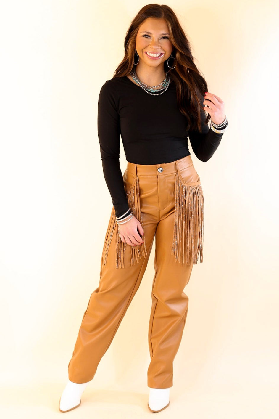 Ready Up Crystal Fringe Faux Leather Pants in Camel Brown