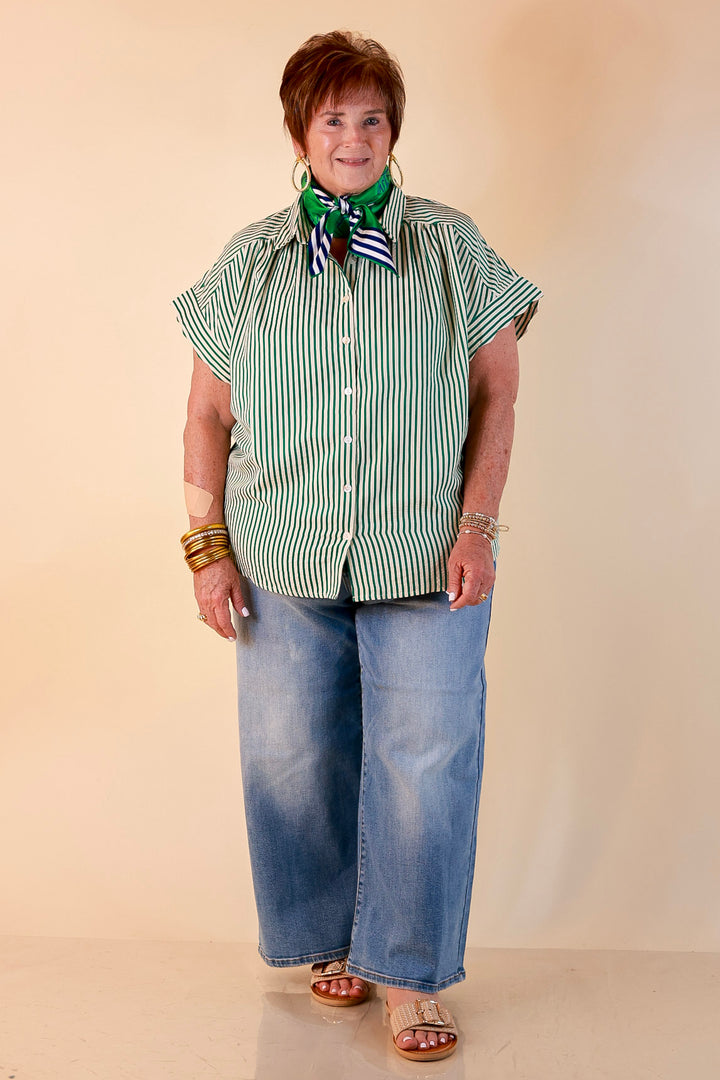 Closet Essential Striped Button Up Short Sleeve Collared Top in Green
