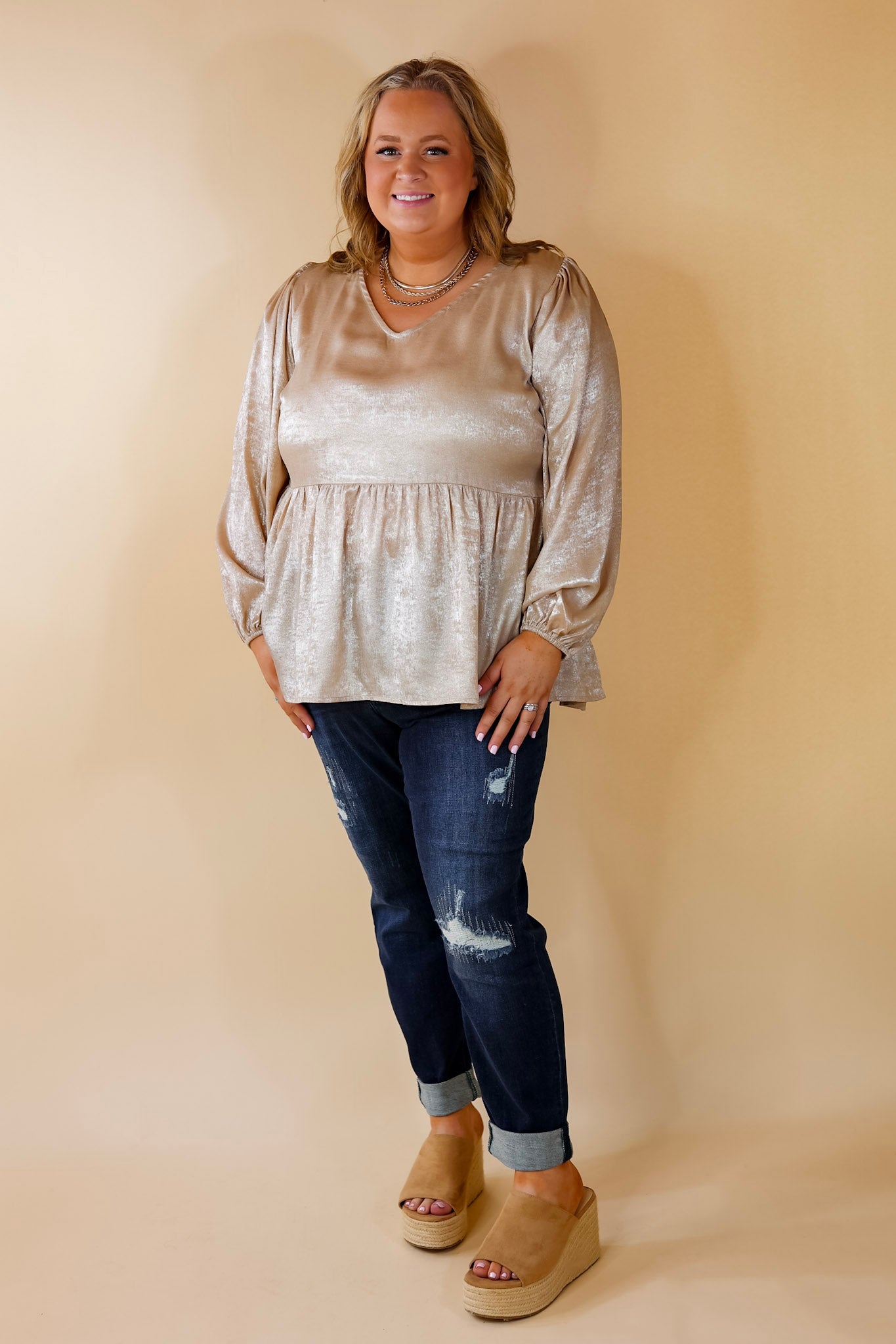 Popular Opinion Metallic V Neck Peplum Top with Long Sleeves in Champagne - Giddy Up Glamour Boutique