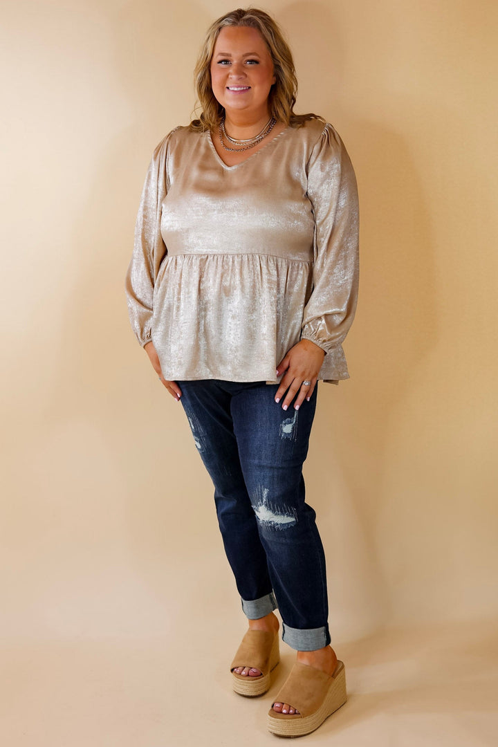 Popular Opinion Metallic V Neck Peplum Top with Long Sleeves in Champagne - Giddy Up Glamour Boutique