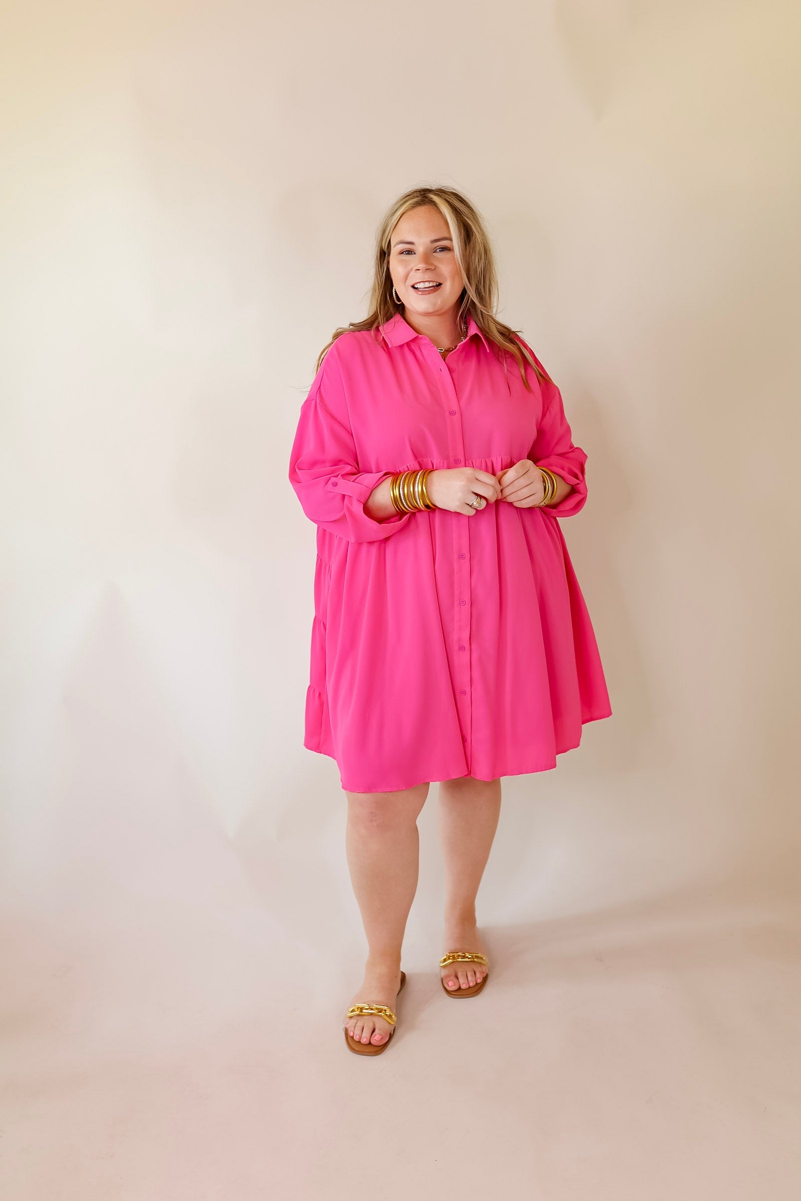 Risky Business Button Up Babydoll Dress in Pink - Giddy Up Glamour Boutique