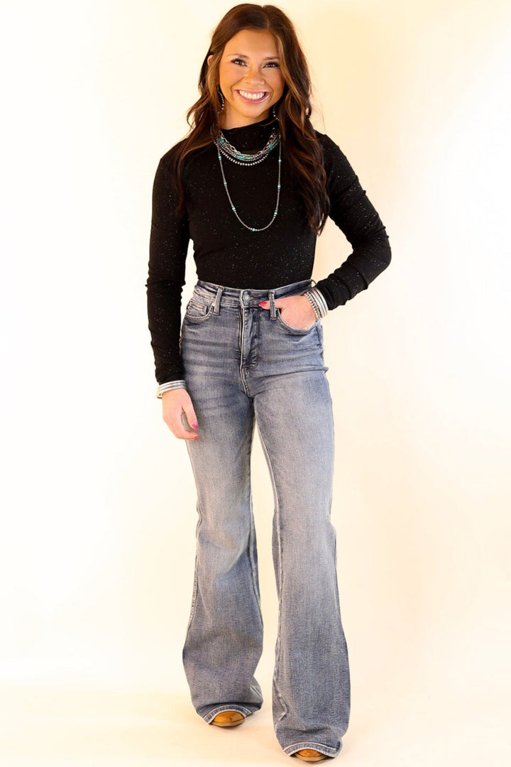 Try Your Luck Glitter Mesh Long Sleeve Bodysuit in Black