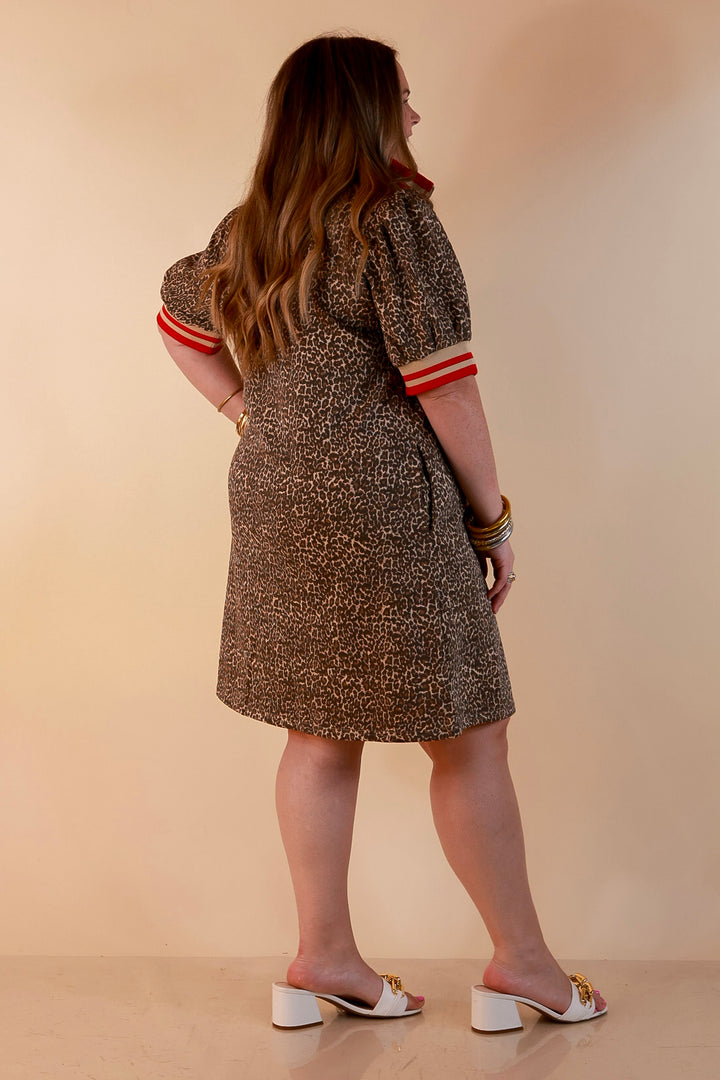 Winning Look Half Zip Puff Sleeve Dress with Contrast Trim in Leopard Print