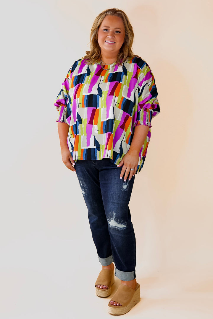 Museum Bound Abstract Print Top in Purple and Navy - Giddy Up Glamour Boutique