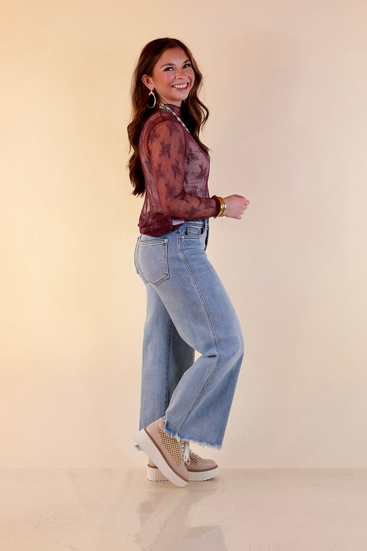 Delicate Charm Long Sleeve Sheer Lace Top with Mock Neck in Dark Purple