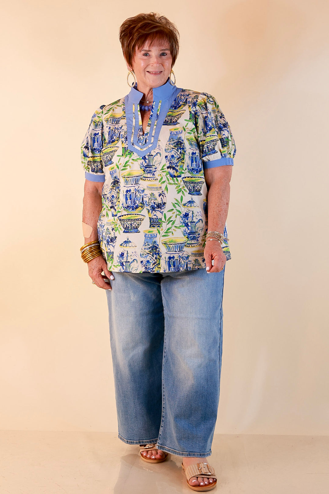 Coast is Clear Vase Print Contrast Trim Top with Puff Sleeves in Blue Multi