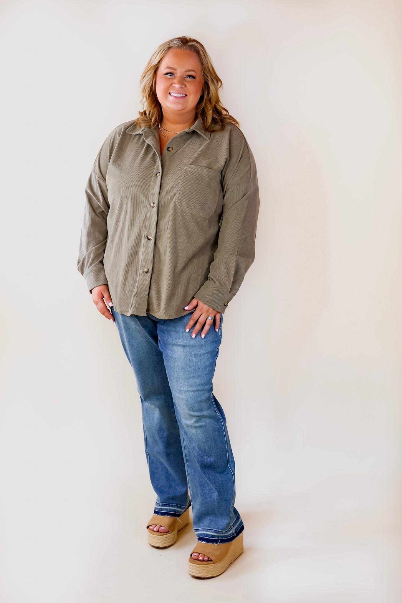 Captivating Cuteness Corduroy Button Up Shacket in Olive Green - Giddy Up Glamour Boutique