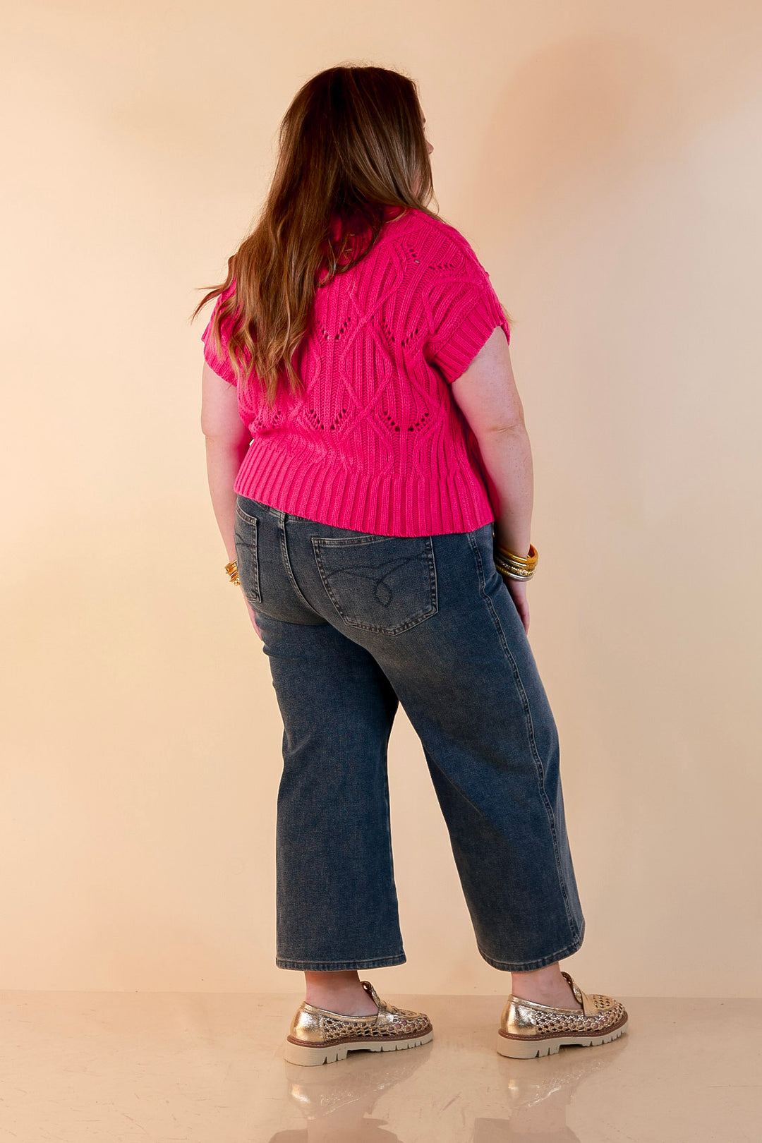 Knit to Last Cable Knit Short Sleeve Sweater Top in Hot Pink