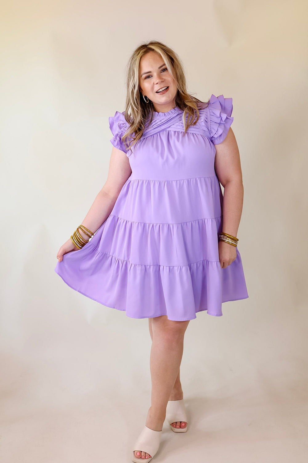 Chic On Scene Ruffle Tiered Dress with Pleated Detailing in Lavender Purple - Giddy Up Glamour Boutique