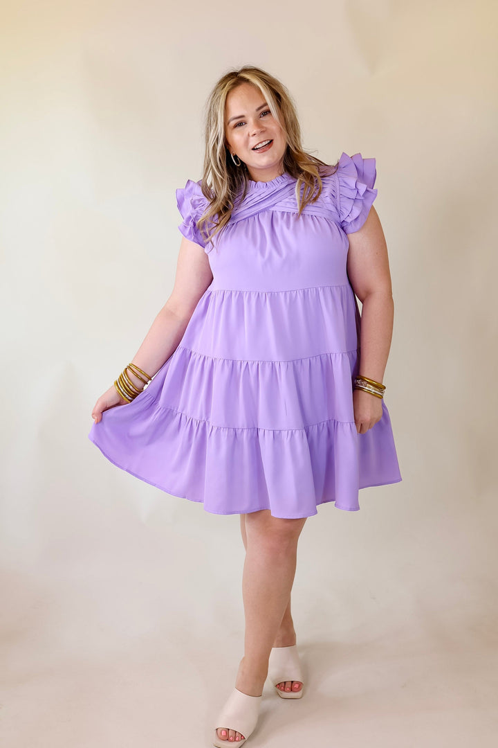 Chic On Scene Ruffle Tiered Dress with Pleated Detailing in Lavender Purple - Giddy Up Glamour Boutique