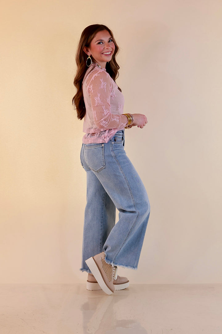 Delicate Charm Long Sleeve Sheer Lace Top with Mock Neck in Pale Pink