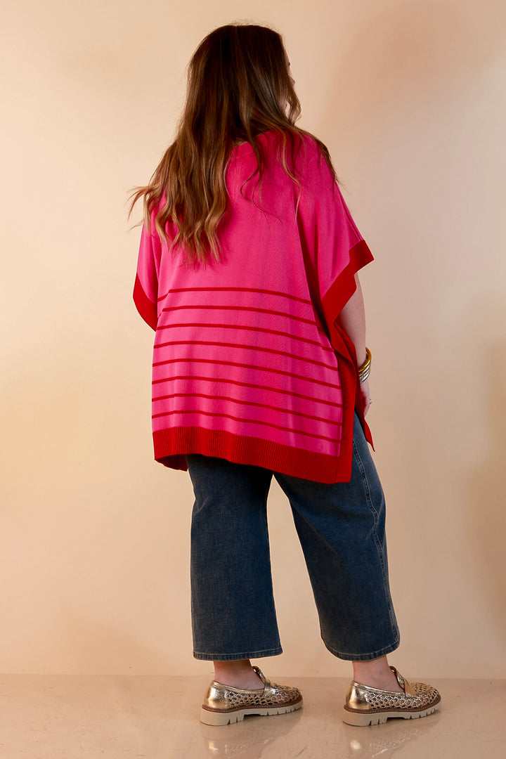 Casual to Chic Short Sleeve Striped Poncho Top in Pink and Red