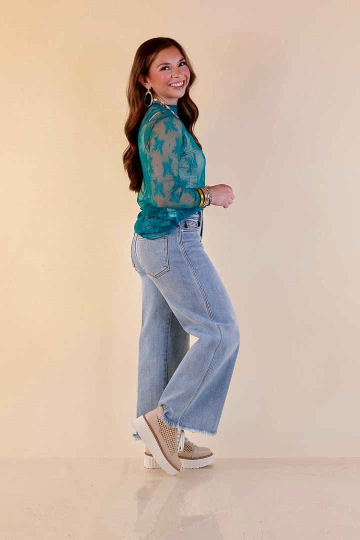Delicate Charm Long Sleeve Sheer Lace Top with Mock Neck in Turquoise Blue