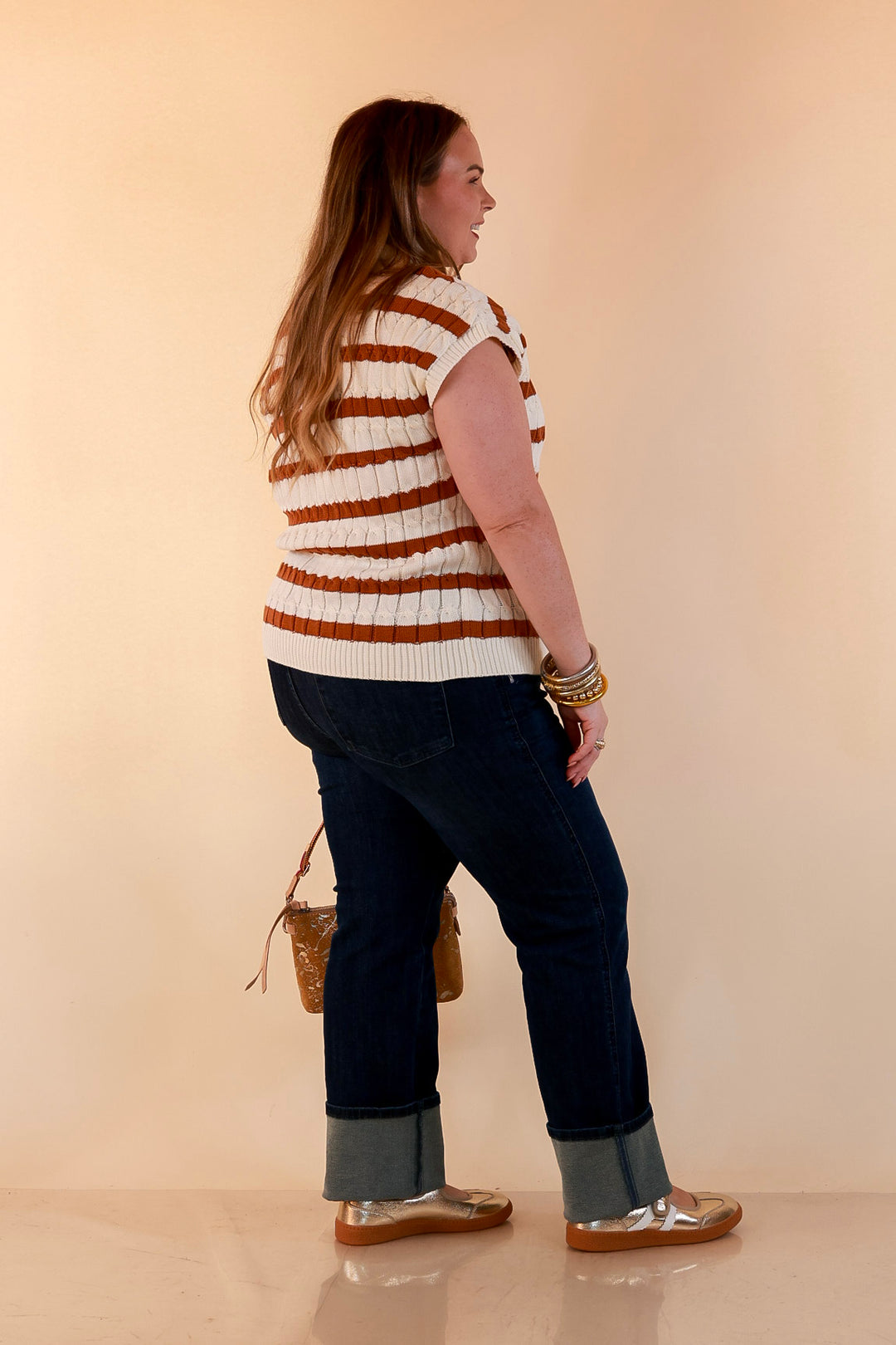 Signature Stripe Drop Shoulder Cable Knit Collared Polo Top in Ivory with Camel Brown Stripes