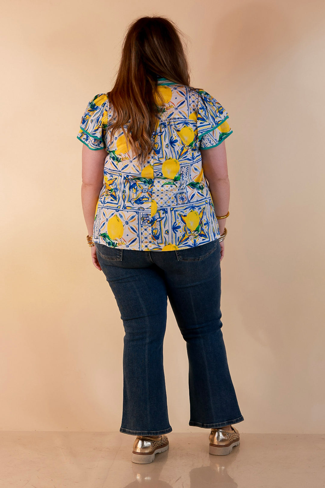 Amalfi Afternoon Lemon Tile Print Flutter Sleeve Split Neck Top in Ivory, Blue and Yellow
