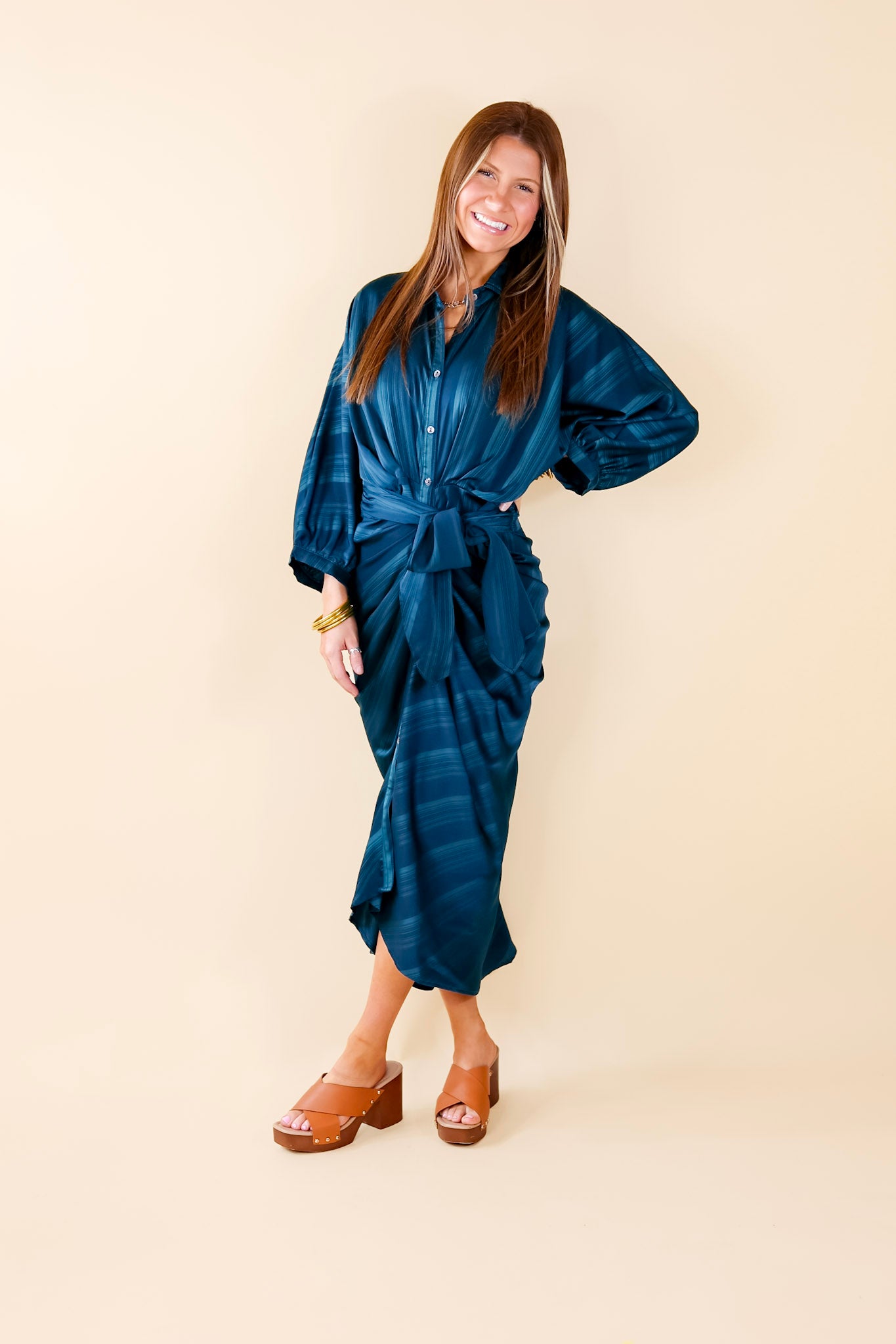 Decisions To Make Button Up Midi Dress in Dark Teal Blue - Giddy Up Glamour Boutique