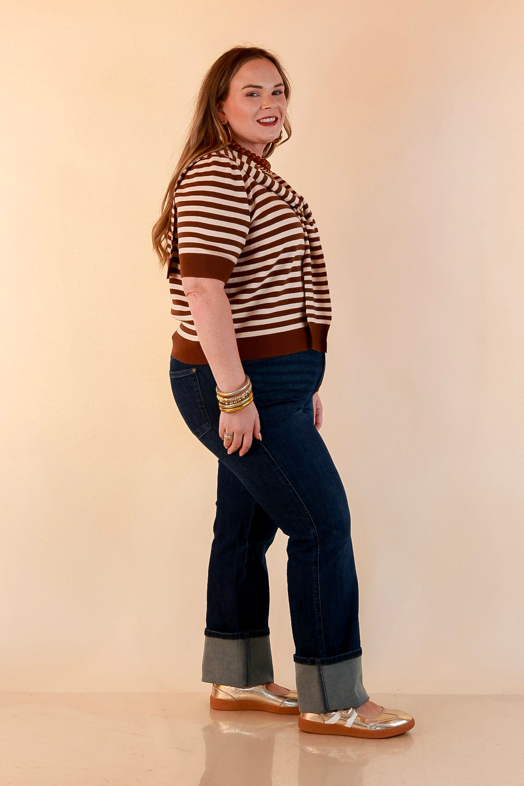 Leading Lady Faux Sweater Tie Detail Short Sleeve Striped Knit Top in Brown and Ivory