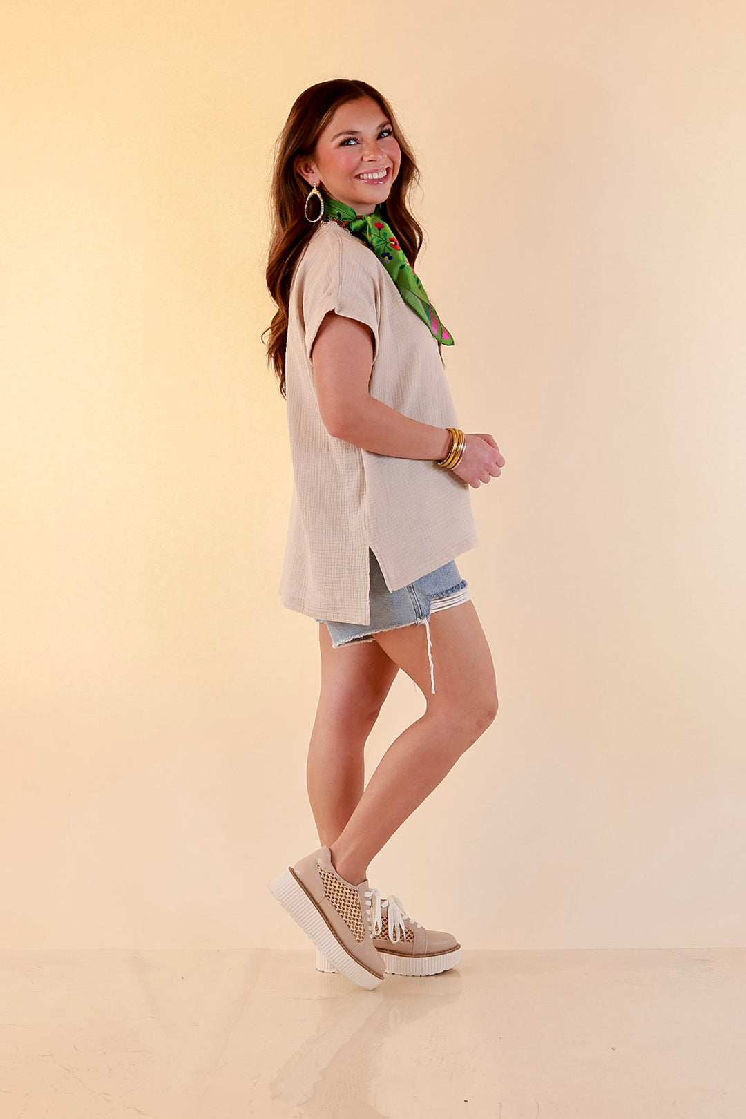 Always Appropriate Short Sleeve Linen Top with Rolled Sleeve Detail in Beige