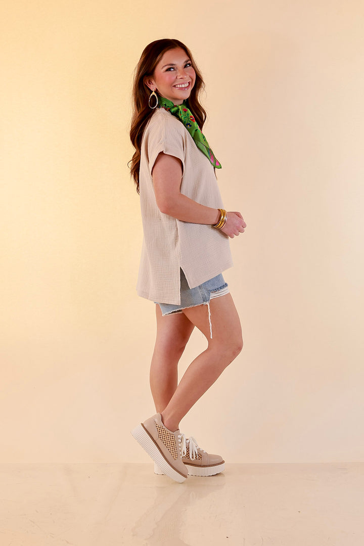 Always Appropriate Short Sleeve Linen Top with Rolled Sleeve Detail in Beige