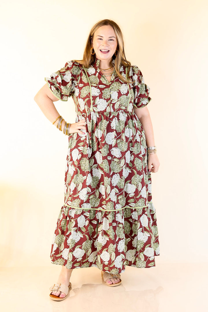 Petals & Poetry Hydrangea Floral Puff Sleeve Tiered Maxi Dress in Maroon