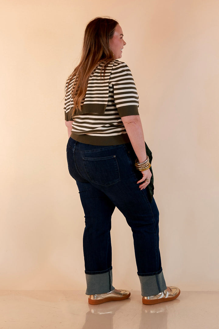 Leading Lady Faux Sweater Tie Detail Short Sleeve Striped Knit Top in Olive and Ivory