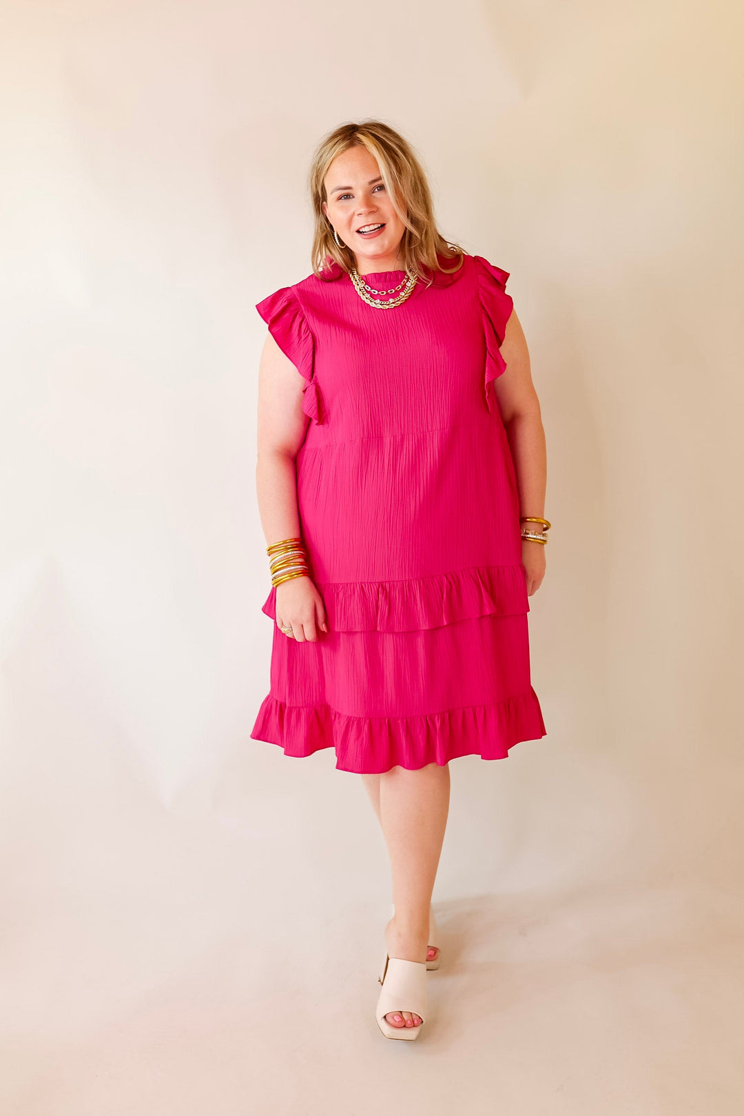 Dreaming Bigger Ruffle Detail Midi Dress in Pink - Giddy Up Glamour Boutique