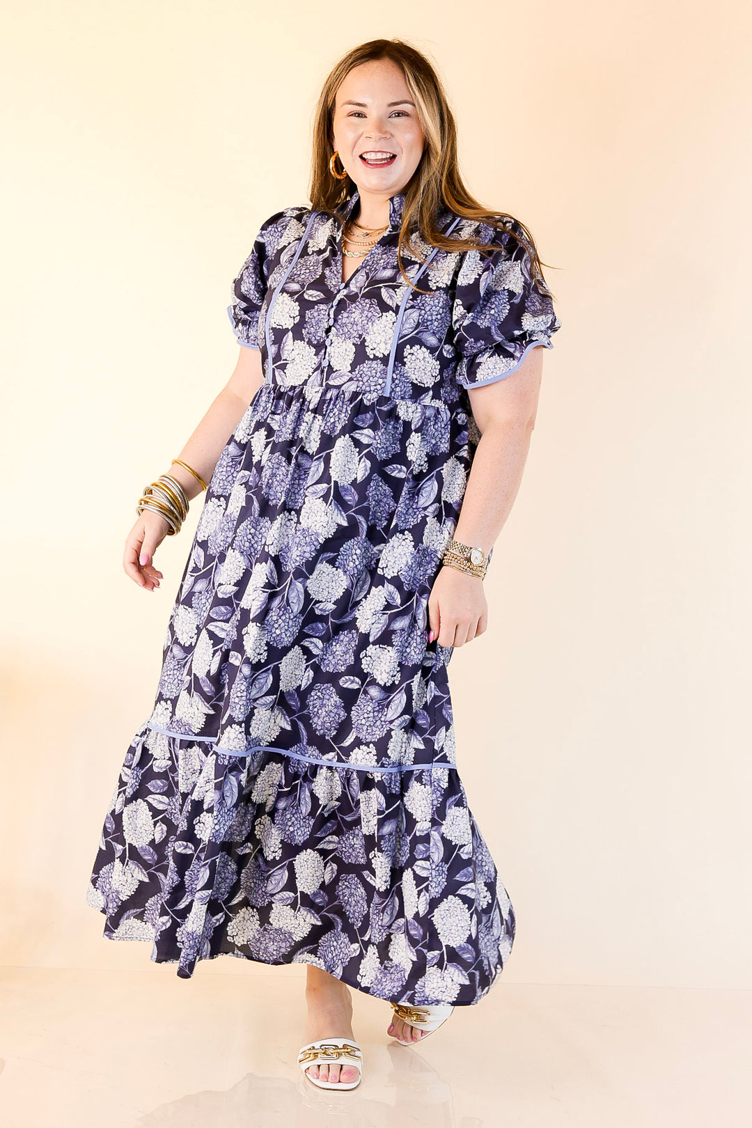 Petals & Poetry Hydrangea Floral Puff Sleeve Tiered Maxi Dress in Navy Blue