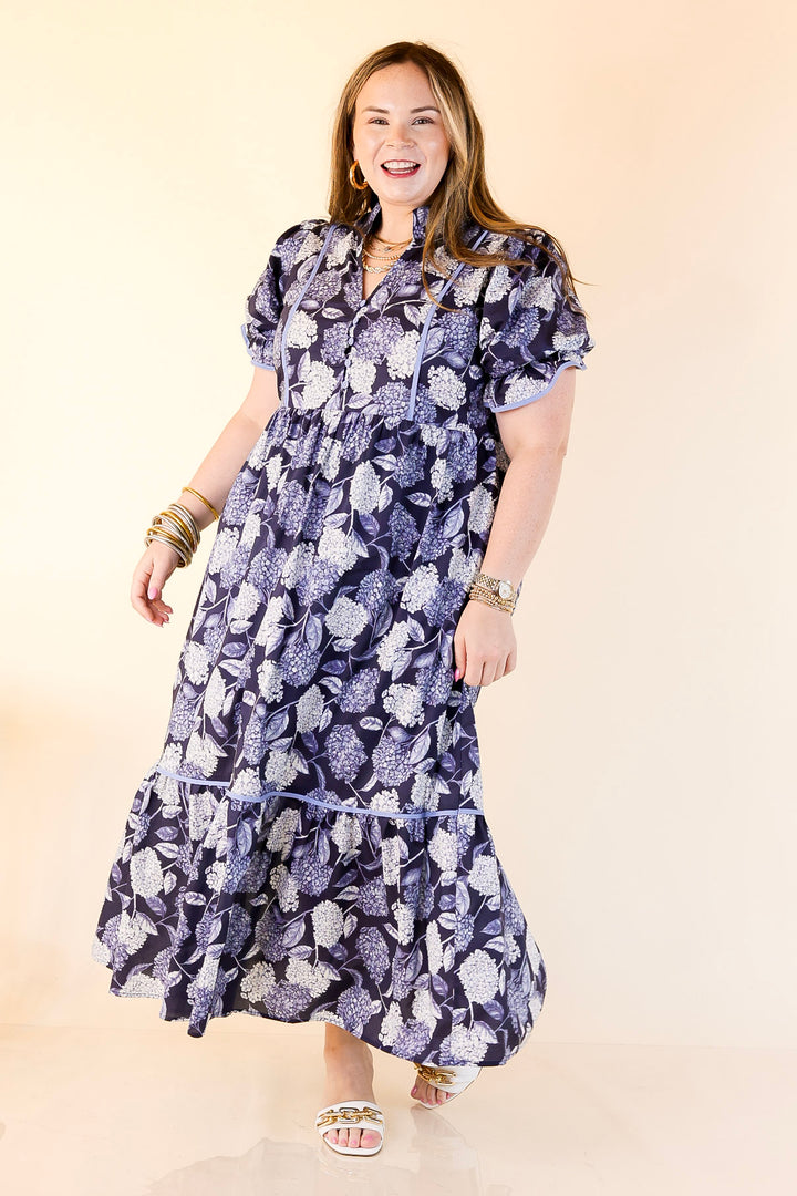 Petals & Poetry Hydrangea Floral Puff Sleeve Tiered Maxi Dress in Navy Blue