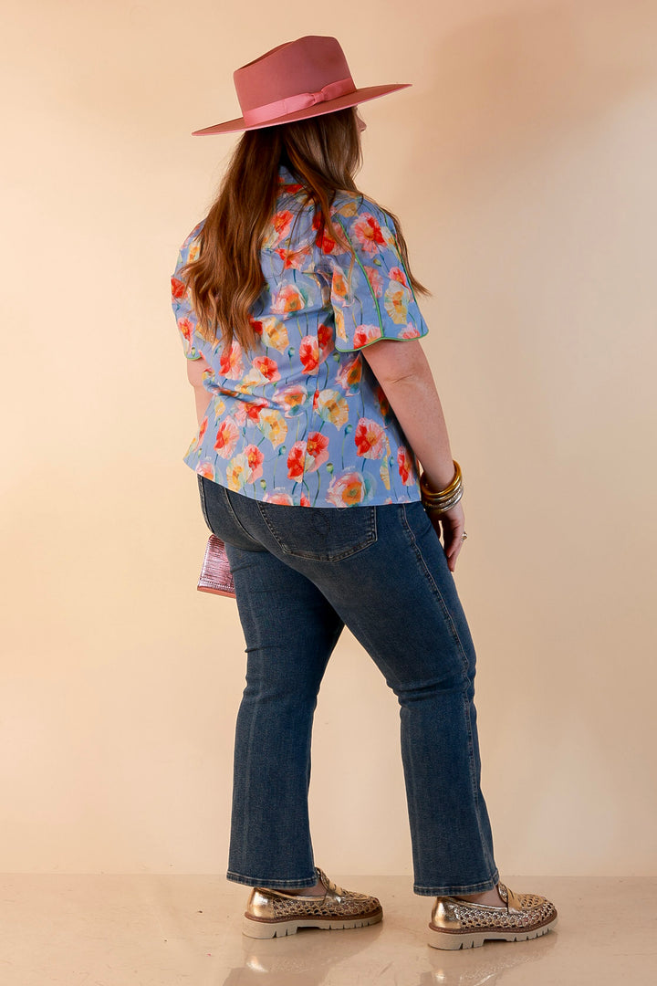 Petals and Plans Poppy Floral Print Button Up Collar Blouse in Dusty Blue