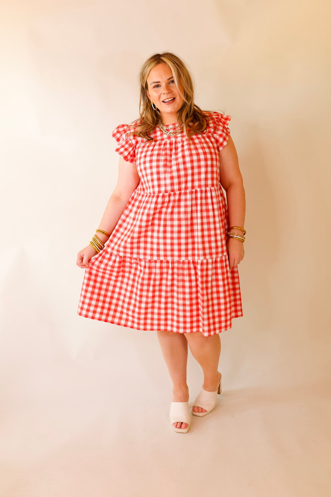 Sunny Pier Gingham Dress with Ruffle Cap Sleeves in Coral Red and White - Giddy Up Glamour Boutique